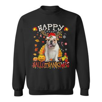 Bulldog Dog Happy Hallothanksmas Halloween Thanksgiving Xmas Men Women Sweatshirt Graphic Print Unisex - Thegiftio UK