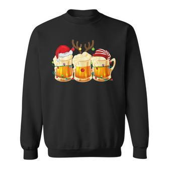 Christmas Three Glass Of Beer Lights Santa Hat Elf Antlers Men Women Sweatshirt Graphic Print Unisex - Seseable