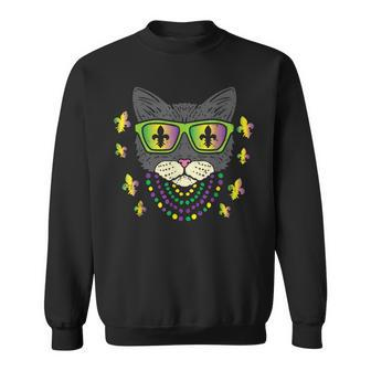Cool Cat Jester Sunglasses Beads Funny Mardi Gras Carnival Sweatshirt - Seseable