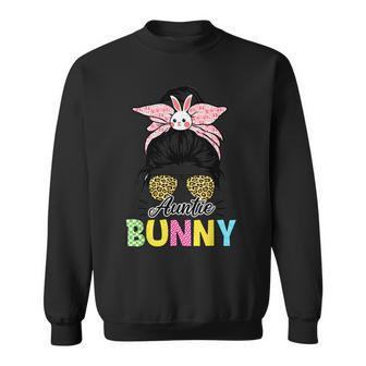 Cool Happy Easter Day Auntie Bunny Leopard Messy Bun Family Sweatshirt - Seseable