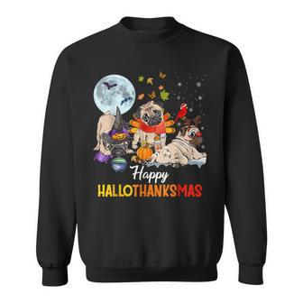 Cute Pug Happy Hallothanksmas Halloween Thanksgiving Xmas V3 Men Women Sweatshirt Graphic Print Unisex - Thegiftio UK