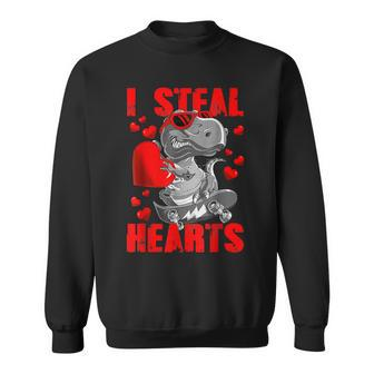 Cute T Rex Holding Heart I Steal Hearts Funny Valentines Day Men Women Sweatshirt Graphic Print Unisex - Seseable