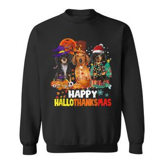 Dachshund Dog Halloween Merry Christmas Happy Hallothanksmas V2 Men Women Sweatshirt Graphic Print Unisex - Thegiftio UK