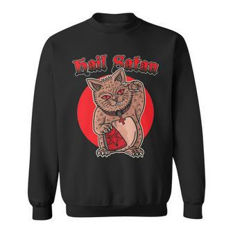 Death Metal Asian Lucky Cat Hail Satan Kitten Rock Music Sweatshirt - Seseable