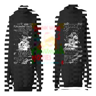 Drink Wine Watch Christmas Movie With My Pomeranian Womens Men Women Sweatshirt Graphic Print Unisex - Thegiftio