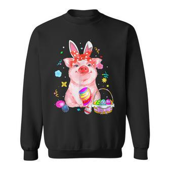 Easter Bunny Spring Pig Bow Egg Hunting Basket Colorful Sweatshirt | Mazezy