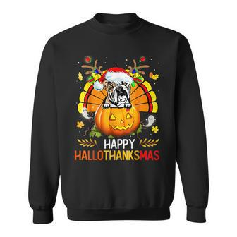 English Bulldog Happy Hallothanksmas Halloween Thanksgiving Men Women Sweatshirt Graphic Print Unisex - Thegiftio UK