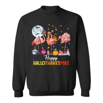 Flamingo Halloween And Merry Christmas Happy Hallothanksmas V3 Men Women Sweatshirt Graphic Print Unisex - Thegiftio UK