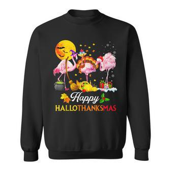 Flamingo Halloween And Merry Christmas Happy Hallothanksmas V5 Men Women Sweatshirt Graphic Print Unisex - Thegiftio UK