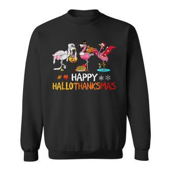 Flamingo Happy Hallothanksmas Funny Halloween Thanksgiving V3 Men Women Sweatshirt Graphic Print Unisex - Thegiftio UK