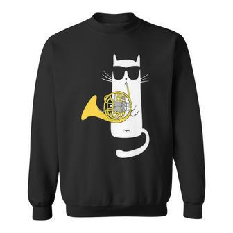Funny Cat Wearing Sunglasses Playing French Horn Sweatshirt - Seseable