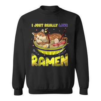 Funny Kawaii Anime Cats Love Ramen Japanese Noodles Men Women Sweatshirt Graphic Print Unisex - Seseable