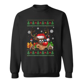Funny Reindeer Lovers Santa Hat Ugly Christmas Sweater Men Women Sweatshirt Graphic Print Unisex - Seseable