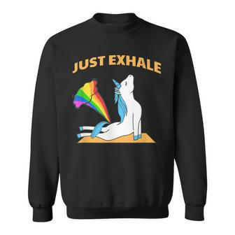Funny Unicorn Yoga Farting Rainbow Just Exhale Cute T Men Women Sweatshirt Graphic Print Unisex - Thegiftio UK