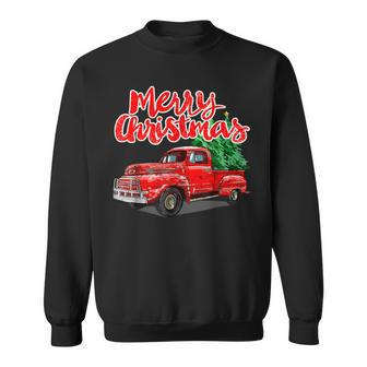 Funny Vintage Merry Christmas Tree Red Wagon Truck Outfit Men Women Sweatshirt Graphic Print Unisex - Seseable