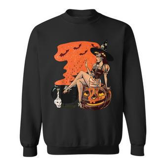 Halloween Witch Cauldron Pin Up Retro Vintage Pumpkin Men Women Sweatshirt Graphic Print Unisex - Thegiftio