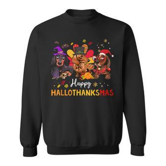 Happy Hallothanksmas Dachshund Halloween Thanksgiving Xmas Men Women Sweatshirt Graphic Print Unisex - Thegiftio UK