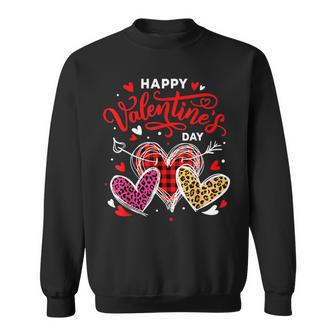Happy Valentines Day Heart Leopard Buffalo Plaid Heart Women Sweatshirt - Seseable