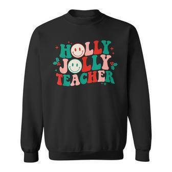 Holly Xmas Jolly Teacher Groovy Retro Christmas Pajamas Men Women Sweatshirt Graphic Print Unisex - Seseable