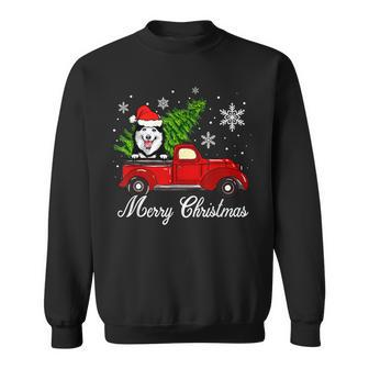 Husky Dog Riding Red Truck Christmas Decorations Pajama Men Women Sweatshirt Graphic Print Unisex - Seseable