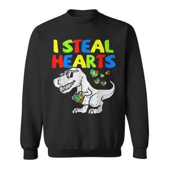I Steal Hearts Trex Dinosaur Autism Awareness Valentines Day Men Women Sweatshirt Graphic Print Unisex - Seseable