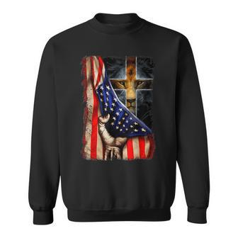 Jesus Lion American Flag Christian Cross Usa Flag Sweatshirt - Seseable