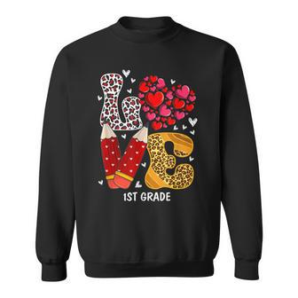 Love Heart 1St Grade Teacher Leopard Valentines Day Gifts Men Women Sweatshirt Graphic Print Unisex - Seseable