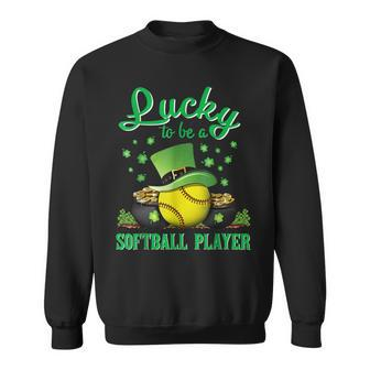 Lucky To Be A Softball Player St Patricks Day Lucky Clover Sweatshirt - Seseable