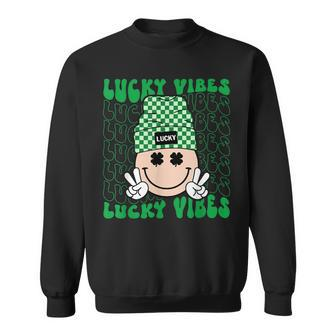 Lucky Vibes Hippie Groovy St Patricks Day Shamrock Irish Sweatshirt - Seseable
