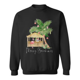 Merry Beachmas Santa Flamingo Palm Tree Tropical Christmas Men Women Sweatshirt Graphic Print Unisex - Seseable