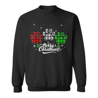 Merry Christmas Buffalo Plaid Red White Green Dog Paws Men Women Sweatshirt Graphic Print Unisex - Seseable