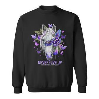 Never Give Up Fibromyalgia Awareness Horse And Flower Shirt Mf Men Women Sweatshirt Graphic Print Unisex - Thegiftio UK