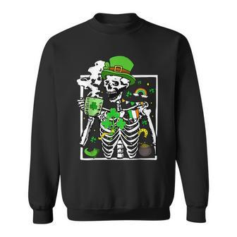 Patricks Day Skeleton Shamrock Skull Drinking Coffee Latte Sweatshirt - Seseable