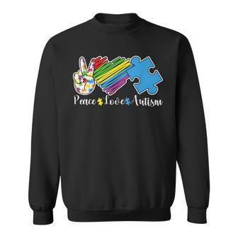 Peace Love Autism Puzzle In April We Wear Blue For Autism Sweatshirt | Mazezy