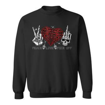Peace Love Fuck-Off Skeleton Hand Half Heart Half Skull Sweatshirt | Mazezy