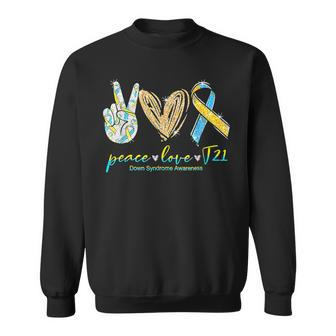 Peace Love T21 Blue Yellow Ribbon Down Syndrome Awareness Sweatshirt - Seseable