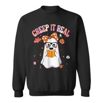 Retro Groovy Halloween Creep It Real Funny Ghost Reading Men Women Sweatshirt Graphic Print Unisex - Thegiftio UK