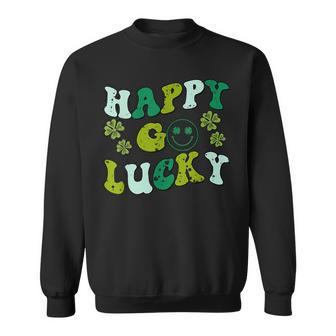 St Patricks Day Happy Go Lucky Shamrock Irish Retro Groovy Sweatshirt - Thegiftio