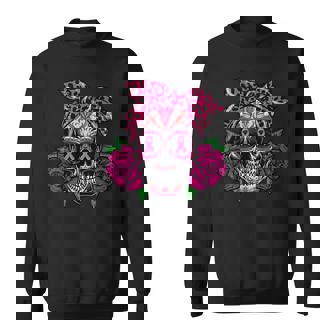 Sugar Skull Pink Flower Leopard Warriors Breast Cancer Men Women Sweatshirt Graphic Print Unisex - Thegiftio