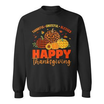 Thankful Grateful Blessed Leopard Plaid Pumpkin Thanksgiving V5 Men Women Sweatshirt Graphic Print Unisex - Thegiftio UK