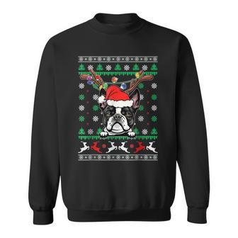 Ugly Christmas Boston Terrier Reindeer Light Xmas Pajama Men Women Sweatshirt Graphic Print Unisex - Thegiftio UK
