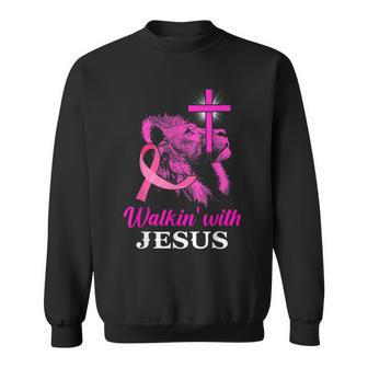 Walking With Jesus Lion Christian Cross Breast Cancer Women Sweatshirt - Seseable