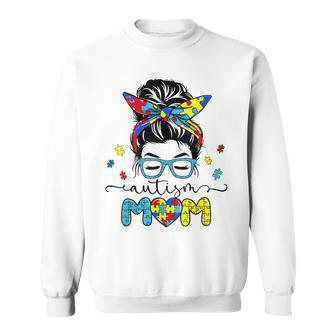 Autism Mom Messy Bun Sunglasses Bandana Autism Awareness Sweatshirt | Mazezy