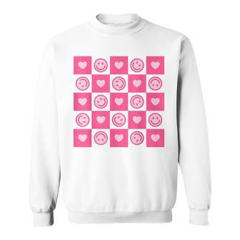 Checkered Smile Happy Face Checkerboard Indie Aesthetic Pink Sweatshirt | Mazezy