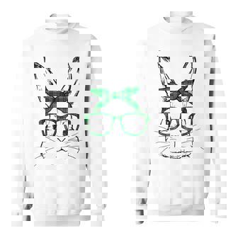 Easter Bunny Face Green Buffalo Plaid Glasses St Patrick Day Sweatshirt - Thegiftio UK