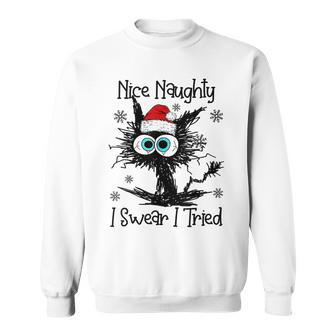 Funny Black Cat Nice Naughty I Swear I Tried Christmas Men Women Sweatshirt Graphic Print Unisex - Seseable