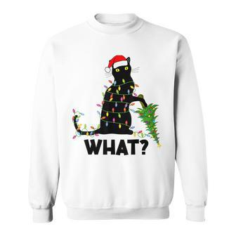 Funny Black Cat Pushing Christmas Tree Over Cat Christmas Men Women Sweatshirt Graphic Print Unisex - Seseable