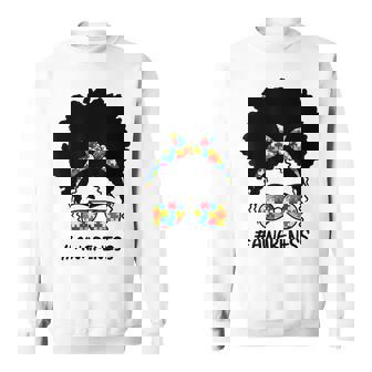 Messy Bun Black Woman Melanin Puzzle Pieces Autism Awareness Sweatshirt | Mazezy