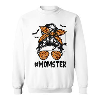 Momster For Women Halloween Mom Messy Bun Leopard Men Women Sweatshirt Graphic Print Unisex - Thegiftio UK