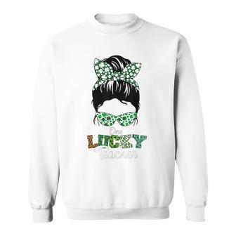 One Lucky Teacher St Patricks Day Messy Bun Leopard Sweatshirt - Seseable